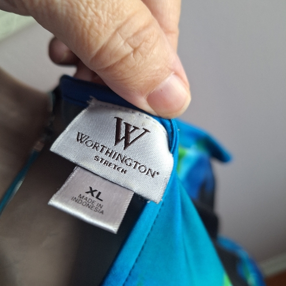 Worthington Black and Blue Print Patterned Dressy Blouse Size XL - Picture 2 of 9